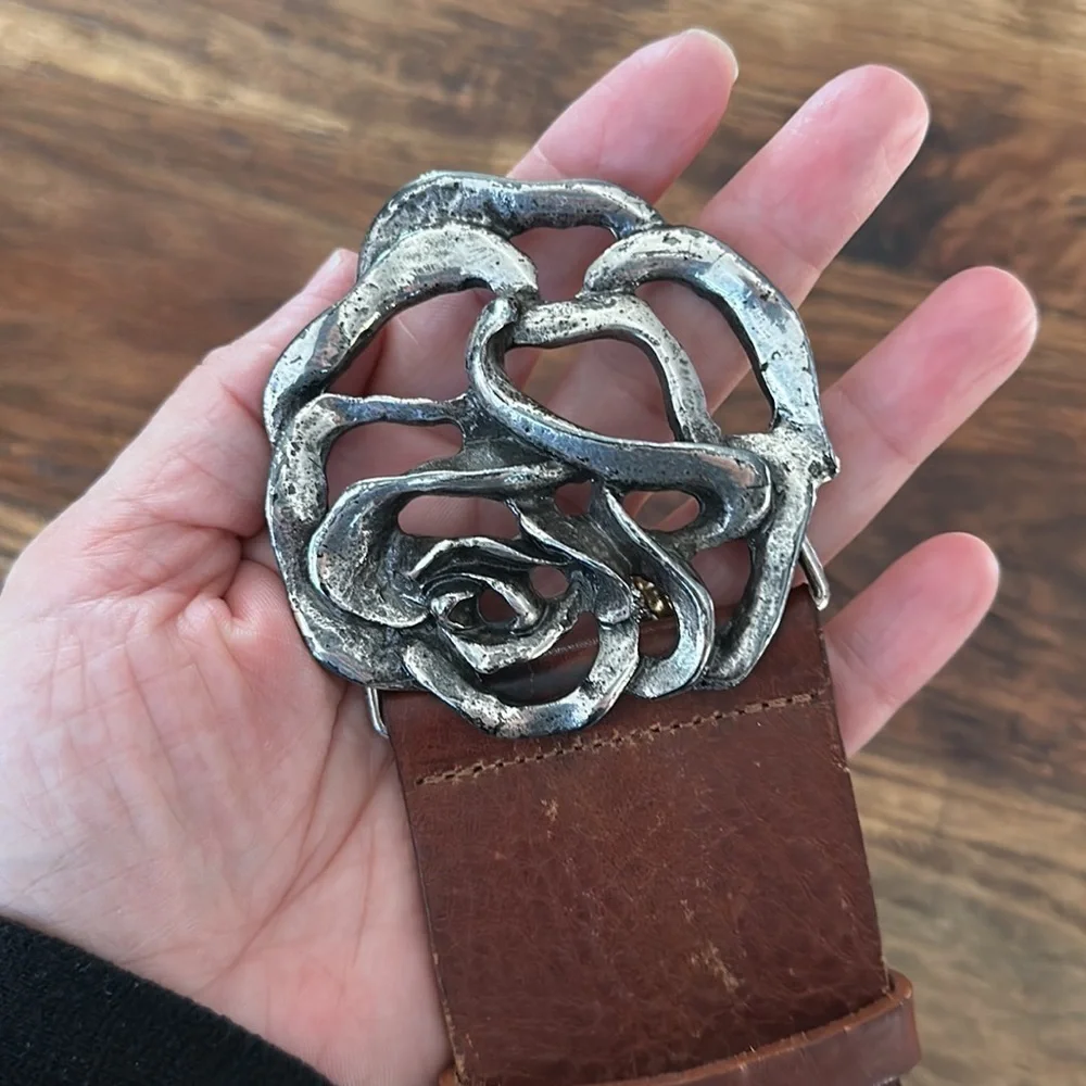 Garuglieri Genuine Leather Belt Rose Metal Buckle Brown Tan SzXL